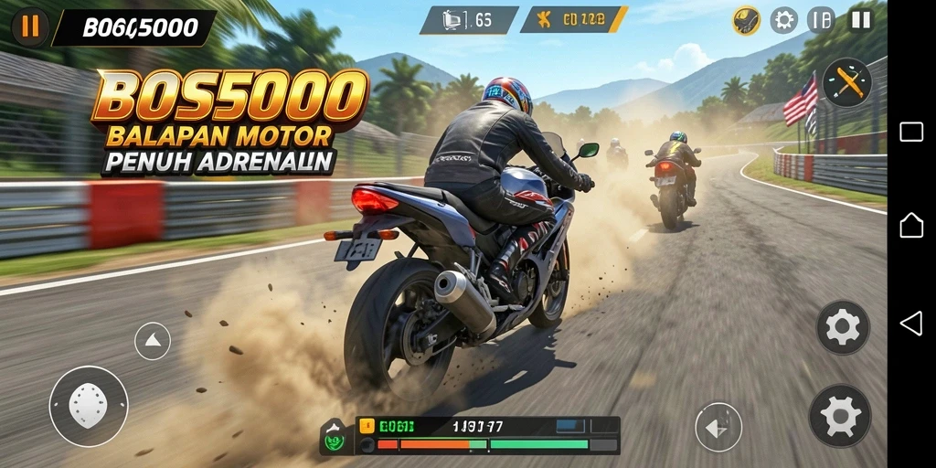 Screenshot gameplay BOS5000 yang menampilkan aksi balapan motor.