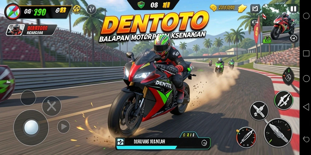 Gameplay seru DENTOTO dengan balapan motor yang mendebarkan.
