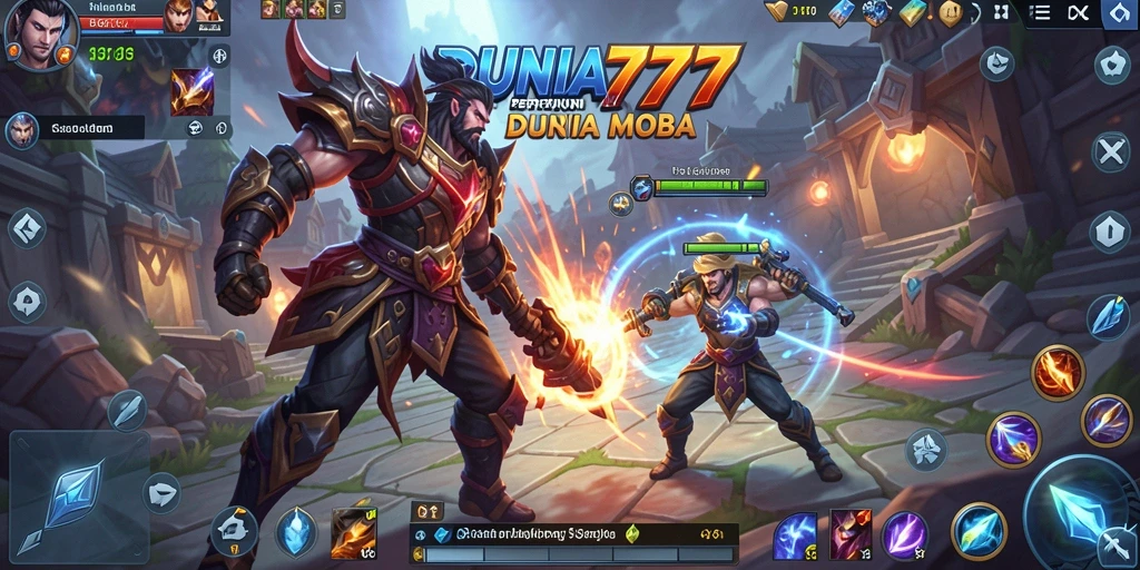Screenshot gameplay DUNIA777 menampilkan pertarungan seru antara karakter MOBA.