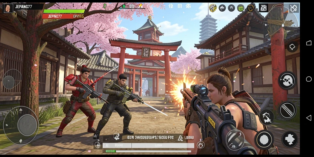 Tangkapan layar gameplay JEPANG77 dengan aksi tembak-menembak yang intens.