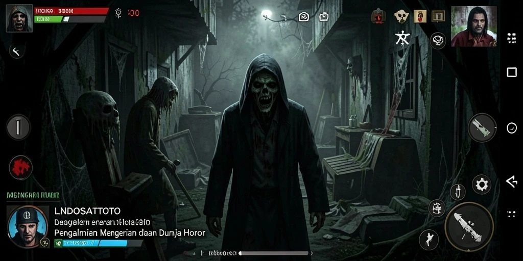 Screenshot gameplay LNDOSATTOTO menampilkan suasana horor yang mencekam.