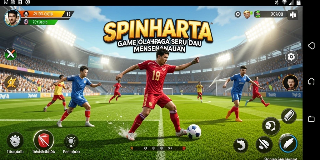 Tampilan aksi seru dalam SPINHARTA dengan gameplay olahraga yang mendebarkan.