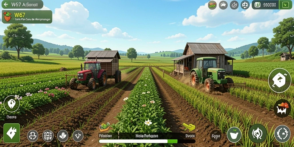 Tampilan screenshot W67 menunjukkan keseruan gameplay bertani yang menarik.